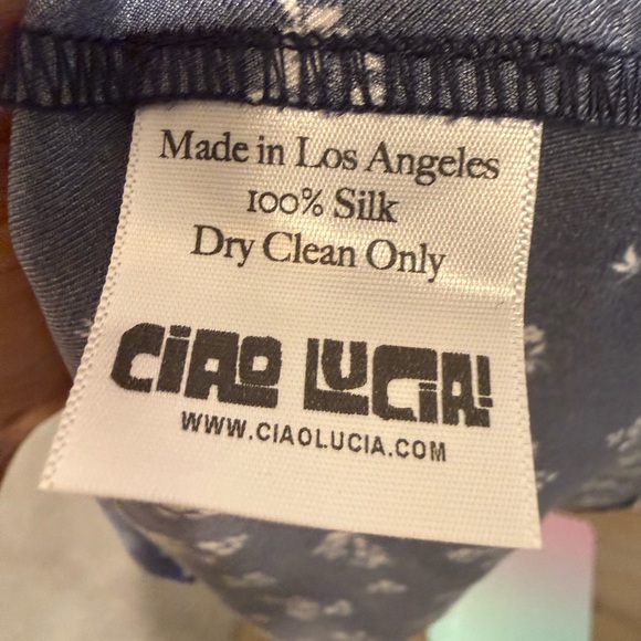 Ciao Lucia Tatiana Silk Mini Dress L Navy Floral Ruched Puff Sleeve Made in LA - Picture 8 of 8